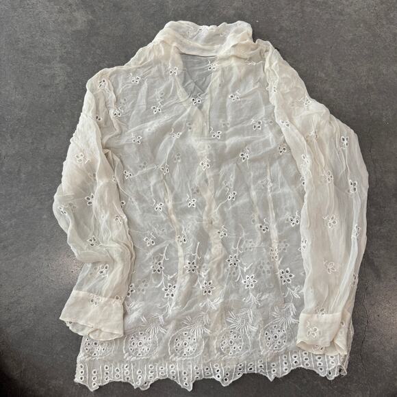Vintage Y2K ECI Eyelet Floral Cutout White Silk Button Up Blouse Women's Large - Picture 4 of 6